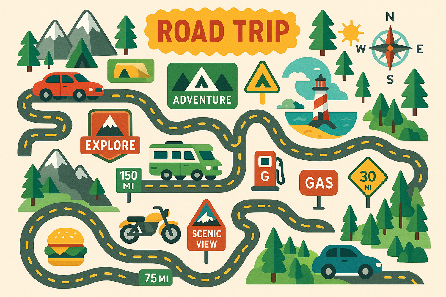 Road trip map fun vectors and icons