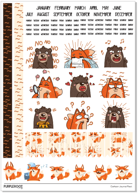 Cute emotions Fox & Bear Journal Pack (2 sheets) *Bullet Journal Planners*