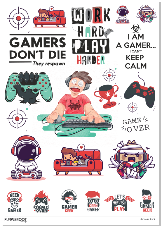 Gamer Sticker Pack A4 – Purple Root Studio